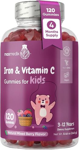 maxmedix Kids Iron Gummies with Vitamin C | 120 Gummies (4-Month Supply) | 7mg of Kids Iron Supplement with Vitamin C 10mg | Natural Mixedberry Flavored | 1 Gummy per Day | Vegan, Non-GMO in Saudi Arabia