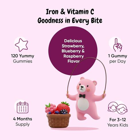 maxmedix Kids Iron Gummies with Vitamin C | 120 Gummies (4-Month Supply) | 7mg of Kids Iron Supplement with Vitamin C 10mg | Natural Mixedberry Flavored | 1 Gummy per Day | Vegan, Non-GMO in Saudi Arabia