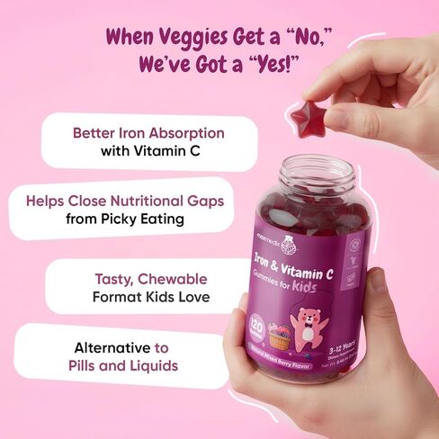 maxmedix Kids Iron Gummies with Vitamin C | 120 Gummies (4-Month Supply) | 7mg of Kids Iron Supplement with Vitamin C 10mg | Natural Mixedberry Flavored | 1 Gummy per Day | Vegan, Non-GMO in Saudi Arabia