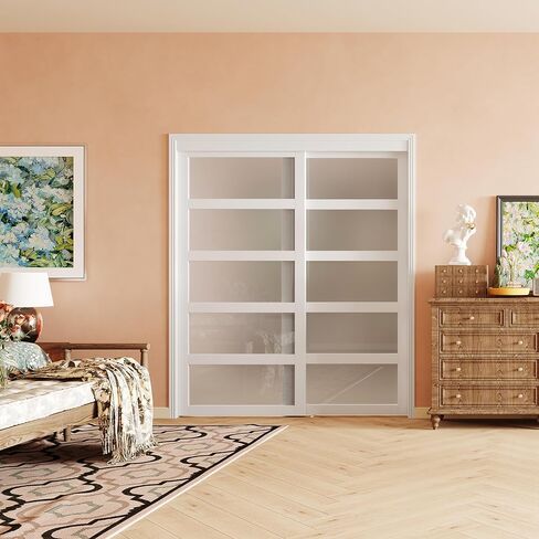 Sliding Closet Door, 72"(Double 36.96") x 80" Bypass Closet Doors, 5-Lite Frosted Glass Sliding Door with Hardware Track Kit & Floor Guide, Pre-Drilled Door Panel Assembly Required, MDF, White in Saudi Arabia