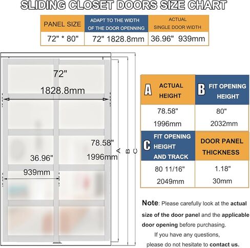 Sliding Closet Door, 72"(Double 36.96") x 80" Bypass Closet Doors, 5-Lite Frosted Glass Sliding Door with Hardware Track Kit & Floor Guide, Pre-Drilled Door Panel Assembly Required, MDF, White in Saudi Arabia