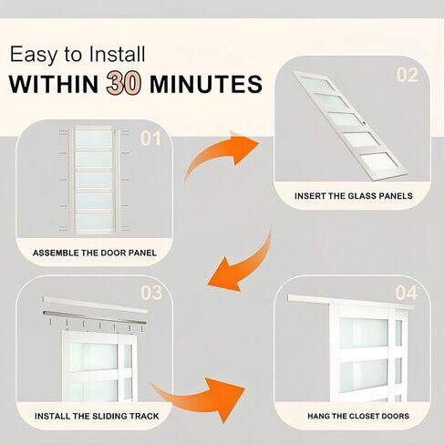 Sliding Closet Door, 72"(Double 36.96") x 80" Bypass Closet Doors, 5-Lite Frosted Glass Sliding Door with Hardware Track Kit & Floor Guide, Pre-Drilled Door Panel Assembly Required, MDF, White in Saudi Arabia