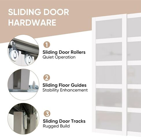Sliding Closet Door, 72"(Double 36.96") x 80" Bypass Closet Doors, 5-Lite Frosted Glass Sliding Door with Hardware Track Kit & Floor Guide, Pre-Drilled Door Panel Assembly Required, MDF, White in Saudi Arabia