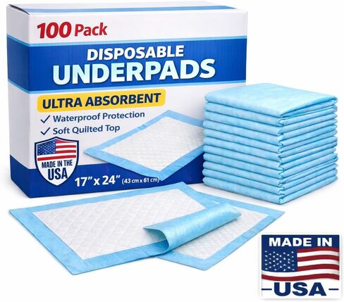 100 Pack Disposable Underpads 17"x24" – Made in USA – Super Absorbent Leakproof Bed Pads for Adults, Heavy Duty Waterproof Incontinence & Puppy Training Pads in Saudi Arabia