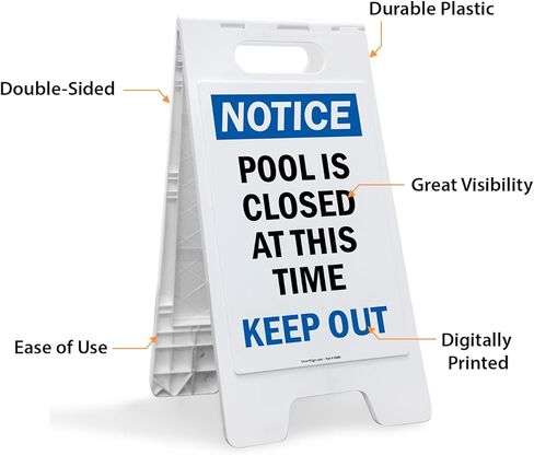 SmartSign 25 × 12 بوصة "ملاحظة - حمام السباحة مغلق في هذا الوقت، ابق خارجًا" لافتة أرضية قابلة للطي على الوجهين، بلاستيك مطبوع رقميًا، أزرق، أسود وأبيض in Saudi Arabia