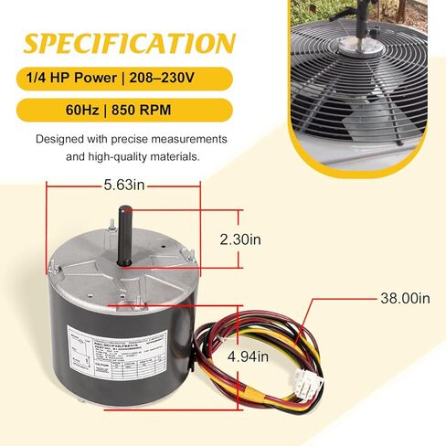 AC Condenser Fan Motor 1/4 HP 208-230V 850 RPM, CW Lead End, 1 Phase – Direct Replacement for York Coleman Luxaire A.O. Smith, Replaces F48AA68A50, F48M27A50, S1-02440899000, 5KCP39LFBE31 in Saudi Arabia