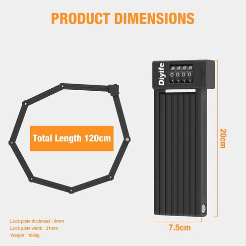 Diyife Folding Bike Lock, [4ft/120cm] Heavy Duty 4-Digit Combination Bicycle Lock, 360° Rotation Waterproof Anti-Theft Alloy Steel Foldable Lock with Bracket for Ebike Scooter Motorcycle in Saudi Arabia