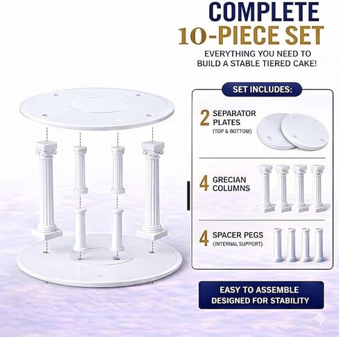 مجموعة فواصل كعكة الزفاف من Oasis Supply (أبيض) - نظام دعم من طبقتين مع أطباق مستديرة مقاس 6 بوصات، وأعمدة إغريقية مقاس 5 بوصات وأوتاد فاصلة - مجموعة دعم كعكة أنيقة متعددة الطبقات in Kuwait