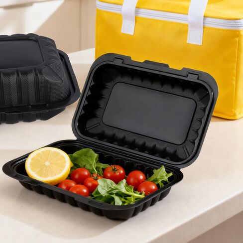 SINJEUN 70 Pack Black Clamshell Boxes, 9 x 6 x 2.6 Inches Reusable Black To Go Containers with Lids, Plastic Clamshell Boxes for Meal Prep, Salad Breakfast in Saudi Arabia