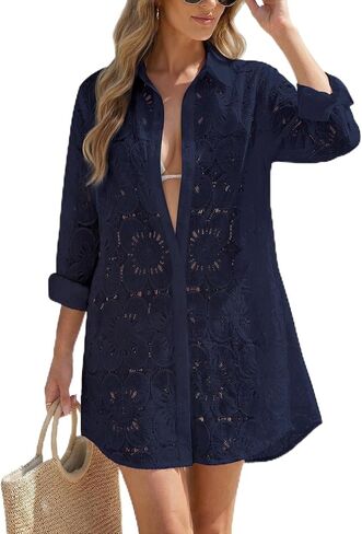 VIMPUNEC Women Eyelet Swimsuit Cover Ups Button Down Beach Shirt Dress Long Sleeve Bathing Suit Cover Up Blouse with Pockets in Saudi Arabia