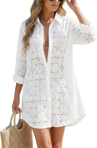 VIMPUNEC Women Eyelet Swimsuit Cover Ups Button Down Beach Shirt Dress Long Sleeve Bathing Suit Cover Up Blouse with Pockets in Saudi Arabia