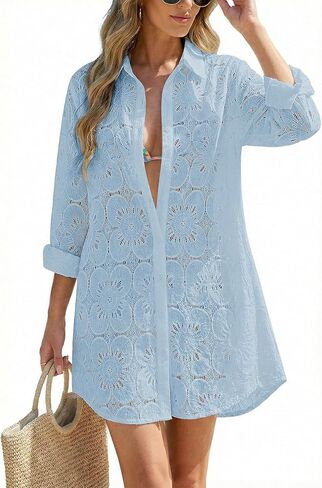 VIMPUNEC Women Eyelet Swimsuit Cover Ups Button Down Beach Shirt Dress Long Sleeve Bathing Suit Cover Up Blouse with Pockets in Saudi Arabia