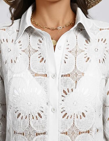 VIMPUNEC Women Eyelet Swimsuit Cover Ups Button Down Beach Shirt Dress Long Sleeve Bathing Suit Cover Up Blouse with Pockets in Saudi Arabia