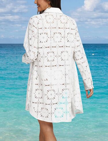 VIMPUNEC Women Eyelet Swimsuit Cover Ups Button Down Beach Shirt Dress Long Sleeve Bathing Suit Cover Up Blouse with Pockets in Saudi Arabia