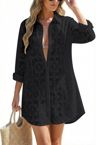 VIMPUNEC Women Eyelet Swimsuit Cover Ups Button Down Beach Shirt Dress Long Sleeve Bathing Suit Cover Up Blouse with Pockets in Saudi Arabia