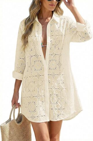 VIMPUNEC Women Eyelet Swimsuit Cover Ups Button Down Beach Shirt Dress Long Sleeve Bathing Suit Cover Up Blouse with Pockets in Saudi Arabia