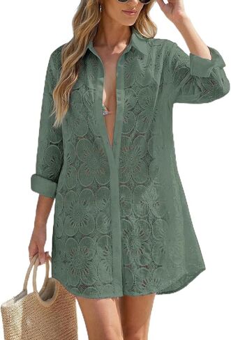 VIMPUNEC Women Eyelet Swimsuit Cover Ups Button Down Beach Shirt Dress Long Sleeve Bathing Suit Cover Up Blouse with Pockets in Saudi Arabia