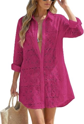 VIMPUNEC Women Eyelet Swimsuit Cover Ups Button Down Beach Shirt Dress Long Sleeve Bathing Suit Cover Up Blouse with Pockets in Saudi Arabia