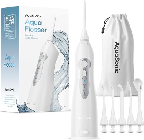 AquaSonic Aqua Flosser - جهاز تنظيف الأسنان المائي اللاسلكي القابل لإعادة الشحن للأسنان - جهاز ري فموي محمول مقاوم للماء لتنظيف الأسنان مع 5 أطراف نفاثة - دعامات للسفر المنزلي in Kuwait
