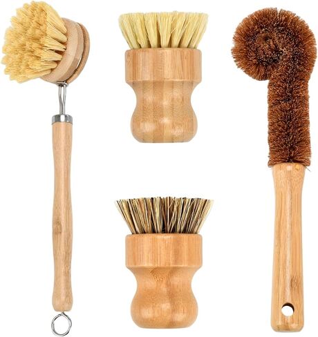 4 Piece Bamboo Dish Brush Set - Bamboo Dish Bottle Brush with Sisal, Dish Scrubber for Kitchen Cleaning Dishes, Pots, Pans in Saudi Arabia
