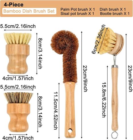 4 Piece Bamboo Dish Brush Set - Bamboo Dish Bottle Brush with Sisal, Dish Scrubber for Kitchen Cleaning Dishes, Pots, Pans in Saudi Arabia