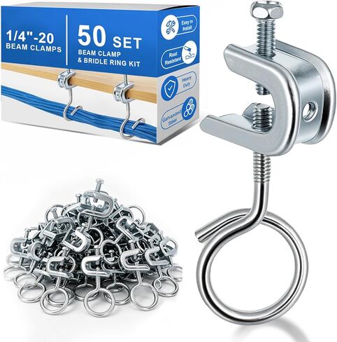 1/4 "-20 شعاع المشابك الصغيرة C مع مسامير + 1-1/4" حلقات اللجام، 50 مجموعة من الشماعات دعم الكابلات الفولاذية لشفة I-Beam، سلك منخفض الجهد وتعليق الأنابيب، إدارة الكابلات بدون حفر، حتى 75 رطلاً in Kuwait