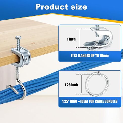 1/4 "-20 شعاع المشابك الصغيرة C مع مسامير + 1-1/4" حلقات اللجام، 50 مجموعة من الشماعات دعم الكابلات الفولاذية لشفة I-Beam، سلك منخفض الجهد وتعليق الأنابيب، إدارة الكابلات بدون حفر، حتى 75 رطلاً in Kuwait