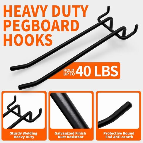 40 حزمة من خطافات Pegboard شديدة التحمل - تصميم ذراع مزدوج للوحات Pegboard القياسية بسمك 1/4 بوصة مع فتحات 3/16 بوصة، وتنظيم الأدوات والأواني في المرآب والمطبخ وورشة العمل in Saudi Arabia