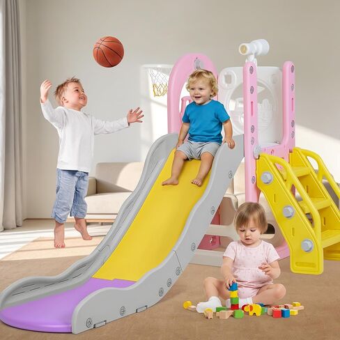 6 in 1 Toddler Playset Toddler Slide and Climber Playset, L-Shaped Kids Slide with Basketball Hoop, Telescope & Storage, Sturdy Indoor Outdoor Playground, for Boys Girls 1-3+ in Saudi Arabia