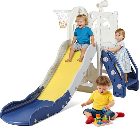 6 in 1 Toddler Playset Toddler Slide and Climber Playset, L-Shaped Kids Slide with Basketball Hoop, Telescope & Storage, Sturdy Indoor Outdoor Playground, for Boys Girls 1-3+ in Saudi Arabia