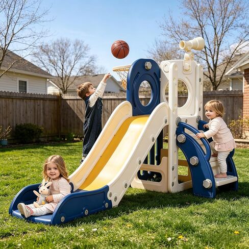 Toddler Slide, Outdoor Indoor Slide for Toddlers 1-3, Freestanding Slides with Basketball Hoop, Telescope, Storage Space and Non-Slip Steps (Blue) in Saudi Arabia