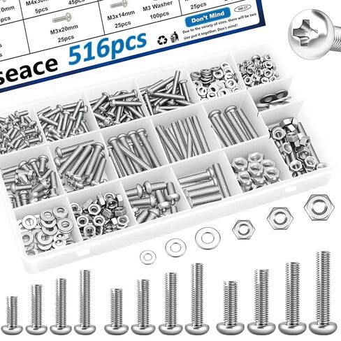 smseace 516 قطعة مجموعة متنوعة من الصواميل والمسامير، 21 مقاسًا من البراغي والصواميل، مجموعة متنوعة من البراغي والصواميل M3/M4/M5/M6، براغي آلة مترية/صواميل/مسامير/غسالات مسطحة فيليبس مشقوقة، مجموعة مسامير وصواميل سداسية الرأس in Kuwait