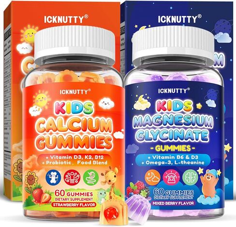 Kids Calcium Magnesium Supplement Gummies - Calcium Citrate 800mg with Magnesium Glycinate 200mg, L-Theanine, Vitamin D3 K2 & Omega-3 Multivitamin for Kids Day & Night Gummies - Vegan, Sugar Free in Saudi Arabia