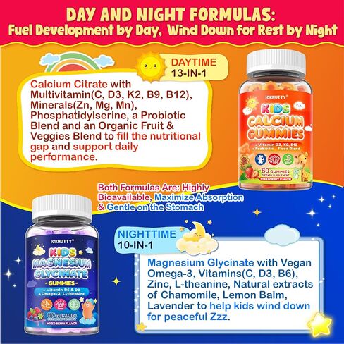 Kids Calcium Magnesium Supplement Gummies - Calcium Citrate 800mg with Magnesium Glycinate 200mg, L-Theanine, Vitamin D3 K2 & Omega-3 Multivitamin for Kids Day & Night Gummies - Vegan, Sugar Free in Saudi Arabia