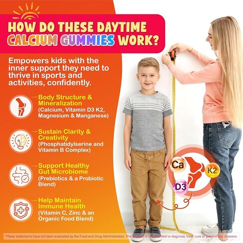 Kids Calcium Magnesium Supplement Gummies - Calcium Citrate 800mg with Magnesium Glycinate 200mg, L-Theanine, Vitamin D3 K2 & Omega-3 Multivitamin for Kids Day & Night Gummies - Vegan, Sugar Free in Saudi Arabia