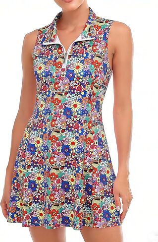 Women's Tennis Golf Dress Sleeveless with Shorts Pockets Zip Up Polo Collar A Line Quick Dry Athletic Outfit in Saudi Arabia