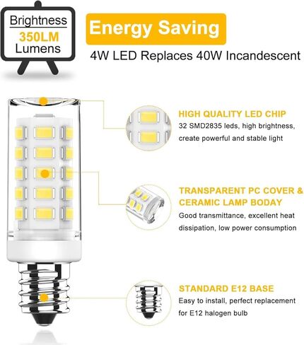 لمبة LED KLG E12، قاعدة شمعدان صغيرة، 4 وات (ما يعادل 40 وات)، ضوء نهاري 5000 كلفن أبيض غير قابل للتعتيم، لمبة صغيرة T3/T4 لمراوح السقف والثريات، 6 عبوات in Saudi Arabia