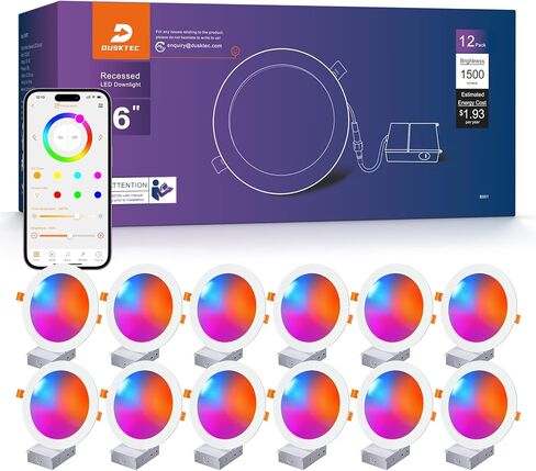 DUSKTEC إضاءة ذكية غائرة 6 بوصة، RGBCW LED ضوء سقف مجوف متوافق مع Alexa، إضاءة سفلية 16 وات 1500 لومن قابلة للتعتيم مع صندوق توصيل لغرفة المعيشة، 12 حزمة in Kuwait