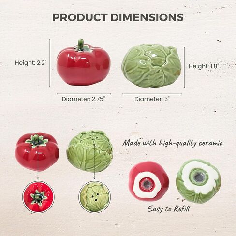 Tomato and Cabbage Salt and Pepper Shaker Set – Unique Ceramic Vegetable Design for Rustic Farmhouse Kitchen, Garden Tabletop Display, Dining Decor – Fun Gift for Chefs, Collectors, and Food Lovers in Saudi Arabia