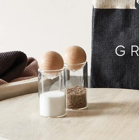 أساسيات المطبخ الأنيقة من Santa Barbara Design Studio Salt & Pepper Shakers، بطول 8.89 سم، زجاج/خشب زان in Kuwait