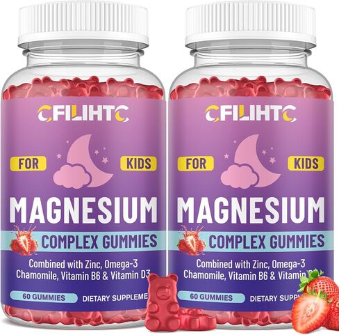 Kids Magnesium Gummies-Magnesium Glycinate Gummies for Kids Supplement-w/Zinc, Chamomile, Omega-3, Vitamin B6, D3 - for Sleep, Relaxation, Brain, Bones, Children's Calm, Sugar Free Strawberry 60ct in Saudi Arabia