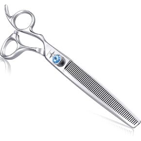 PURPLEBIRD 7.5 Inch Left Handed Straight Dog Grooming Scissors Professional Pet Thinning Texturizing Shears Safety Noiseless Blunt Tip Trimming Shearing for Dogs Cats Japanese Stainless Steel Silver
