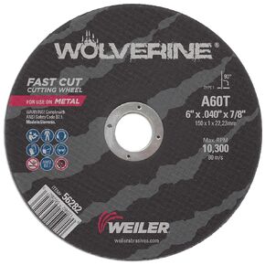 Weiler 56278 6 Inch Cutting Wheel, Wolverine AO Steel/Metal Fast Cutting, 3/32" A24R Type 27 5/8"-11 Hub, Pack of 10