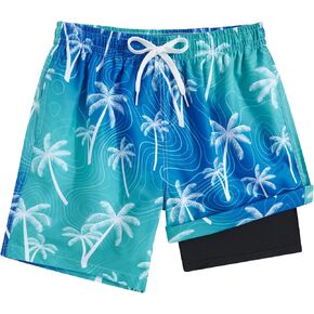 Boy's Swim Trunks Size 18 Waterproof Tropical Blue Palm Tree Kids Running Cycling Swim Board Shorts Child Bathing Suits with Inner Pocket Summer Compression Liner Swimming Suit 18 20