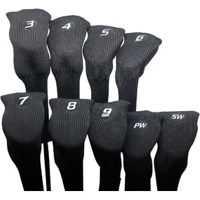 Majek All Hybrid Golf Club Black Sleek Tight Fit Headcover Set 3-SW Acrylic Head Covers 3 4 5 6 7 8 9 PW SW (Total of 9 Hybrid Head Cover Set)