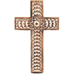 EDHAS Mango Wood White Cross Carved Floral-Design Family Cross Decor,Home Decoration (10" x 6" x 0.5")