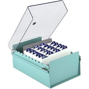 Acrimet 4 x 6 Card File Holder Organizer Box Metal Base Heavy Duty (AZ Index Cards and Divider Included) (Green Color with Clear Crystal Plastic Lid Cover)