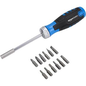 Amazon Basics 12 Piece in-1 Magnetic Ratchet Screwdriver, Blue, Black, Silver