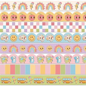 Whaline 82Ft Groovy Back to School Bulletin Board Borders Colorful Boho Rainbow Pencil Bus Checkered Adhesive Border Trim for School Classroom Office Party Decoration