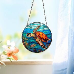 Sea Turtles Acrylic Window Hangings Ocean Animals Stained Window & Wall Decor with Chain, Ideal Housewarming Gift, Home Decor for Mom Grandma Wife Teacher Marine Lover